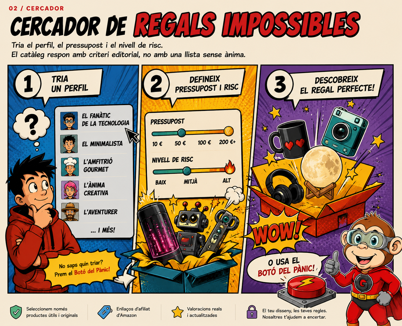 Il·lustració catalana del cercador de regals en tres passos d'OhMyPongo