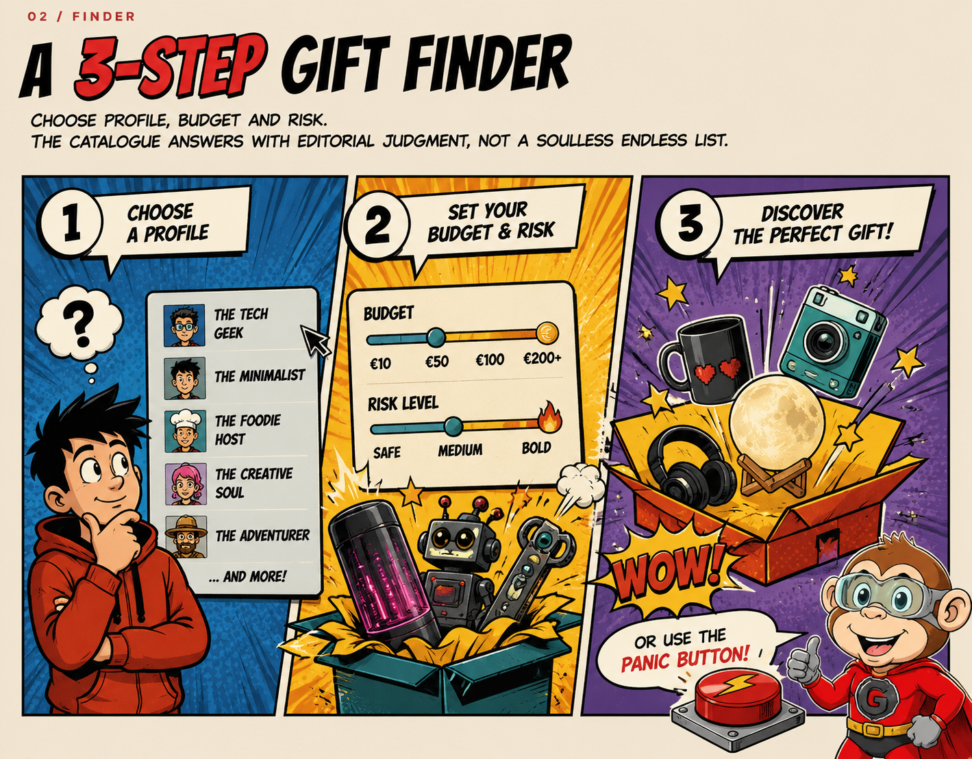 Three-step gift finder illustration for OhMyPongo